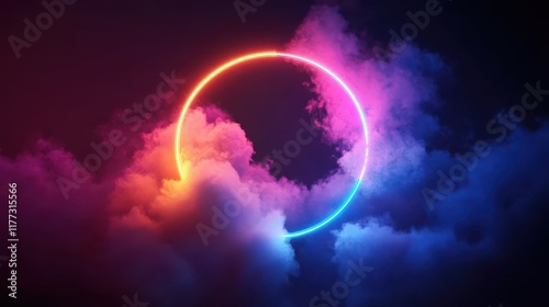 Colorful Neon Circle Amidst Dreamy Clouds in Dark Background