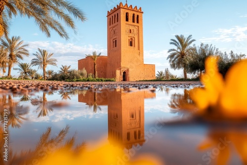 A ksar granary towers reflecting in a calm pool of water during the rainy season, surrounded by lush greenery