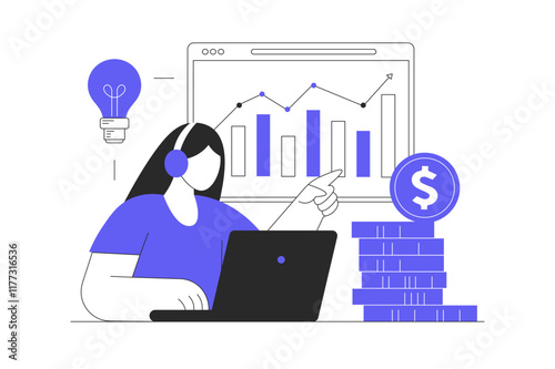 Business and finance concept. Character calculating financial income and analyzing graph, brainstorming investment ideas for profit development. Flat Cartoon Vector Illustration, icon. Stylish 