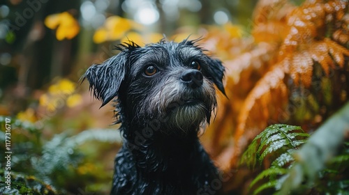 Wallpaper Mural Scruffy, wet dog in a lush forest, surrounded by ferns and dripping leaves, exuding adventure vibes. Torontodigital.ca