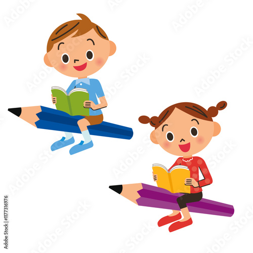 大きな鉛筆に座って読書や学習をする子供達