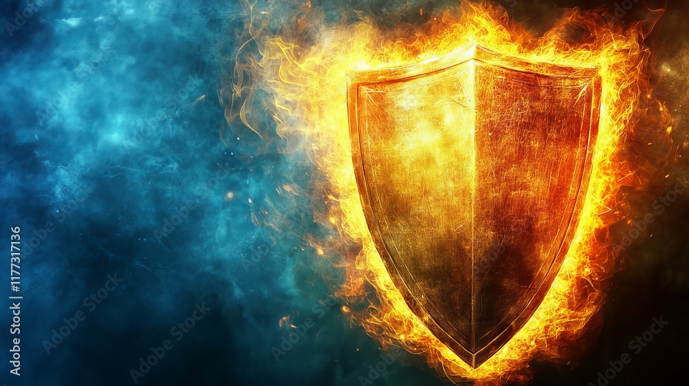Fototapeta premium A glowing radiant shield surrounded by vibrant sparks, symbolizing protection and resilience