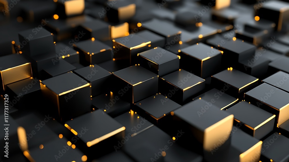 Fototapeta premium Abstract gold-edged black cubes, digital art, technology background, website design.
