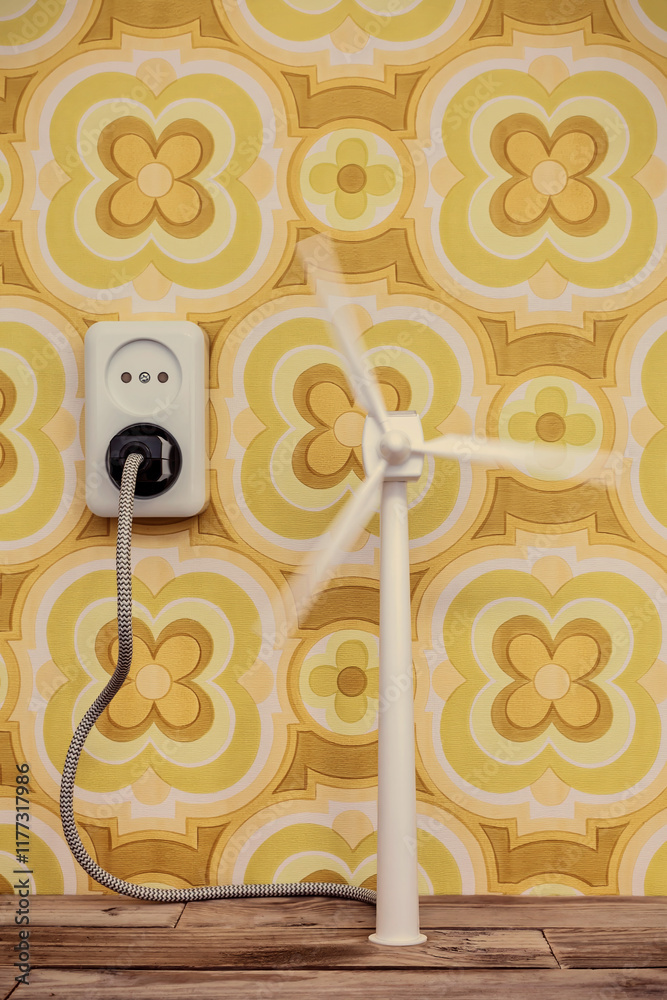 Wind turbine connected to a electric wall outlet with a background of vintage flower wallpaper Wind turbine connected to a electric wall outlet with a background of vintage flower wallpaper