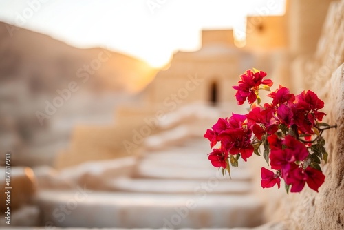 A ksar pathway leading down to an oasis, with vibrant flowers blooming along the steps and a cool breeze rustling the leaves photo