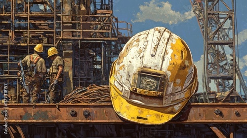 Industrial workers, safety helmet, rusty metal beams, construction site. photo