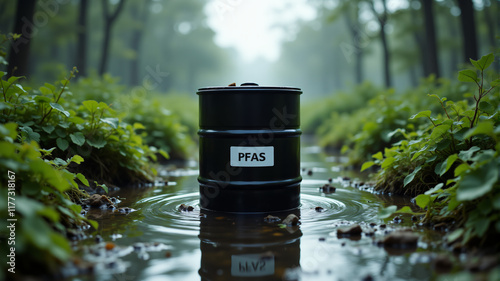 A striking image of a black barrel labeled PFAS, surrounded by lush greenery and water.