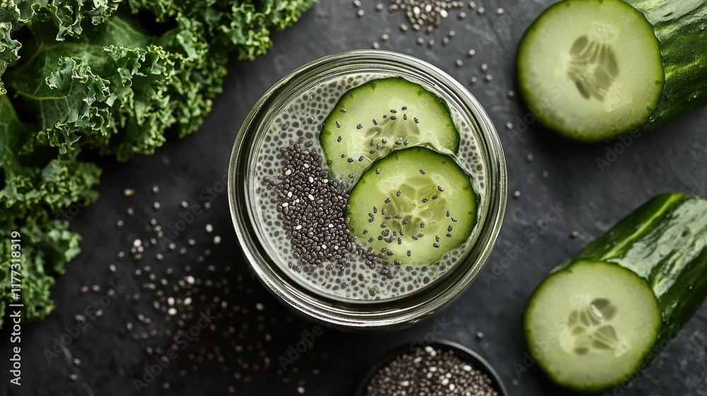 A simple and elegant presentation of chia pudding in a jar with cucumber slices and kale, on a dark slate table with chia seeds scattered around A simple and elegant presentation of chia pudding in a jar with cucumber slices and kale, on a dark slate table with chia seeds scattered around