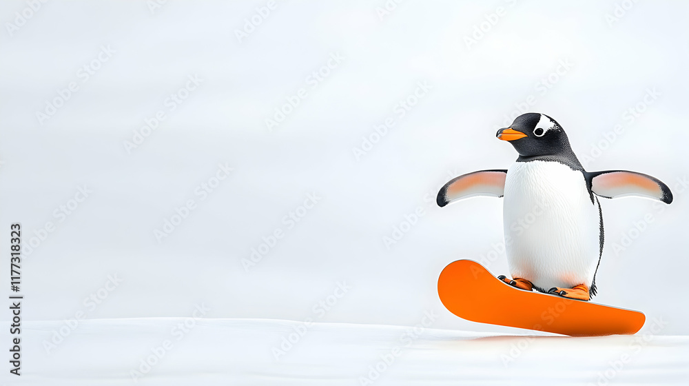 Fototapeta premium Penguin snowboarding on snowy landscape; winter sports fun; playful, cartoon-like illustration for winter sports websites or marketing.