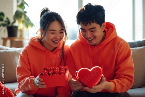 Joyful Southeast Asian couple exchanging heart-shaped Valentine’s gifts in casual matching orange hoodies photo