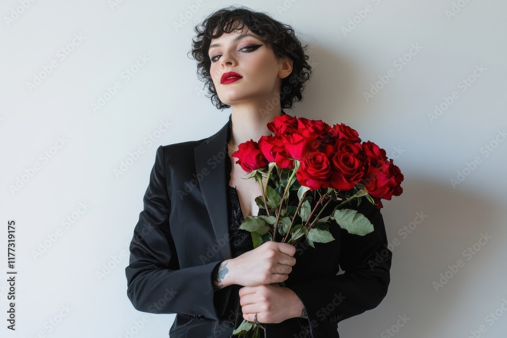 Transgender person holding a bouquet of red roses against a white background in a formal black outfit Transgender person holding a bouquet of red roses against a white background in a formal black outfit