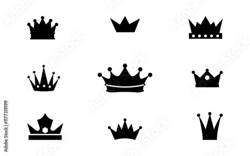 Crowns Clip Art Collection.Set of various black crown silhouettes on a white background.Love hearts crown silhouette black printable clipart sublimation vector illustration
