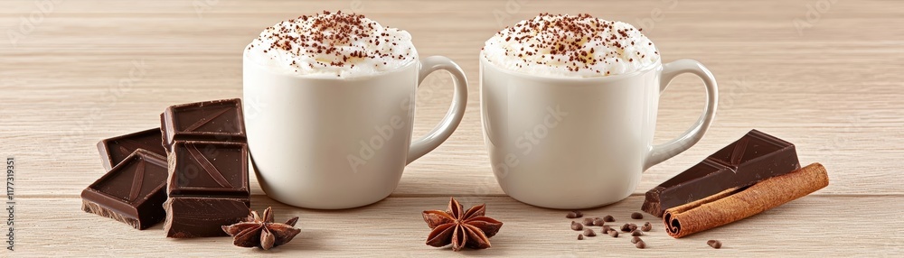 Warm Chocolate Drinks in White Mugs with Toppings on Wooden Table Surrounded by Chocolate and Spices Warm Chocolate Drinks in White Mugs with Toppings on Wooden Table Surrounded by Chocolate and Spices
