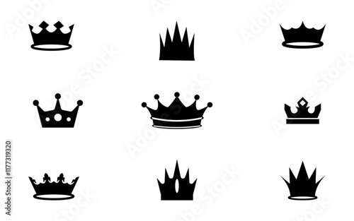 Crowns Clip Art Collection.Set of various black crown silhouettes on a white background.Love hearts crown silhouette black printable clipart sublimation vector illustration
