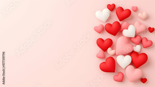 Pink background with red, white, and pink hearts; Valentine's Day greeting card design.
