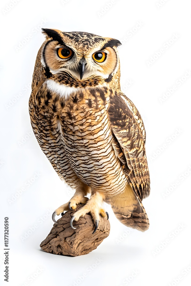 Fototapeta premium A stunning owl with intricate feather details perched gracefully, photographed with a vibrant background and perfect lighting, highlighting the beauty and majesty of this majestic bird.A stunning owl 