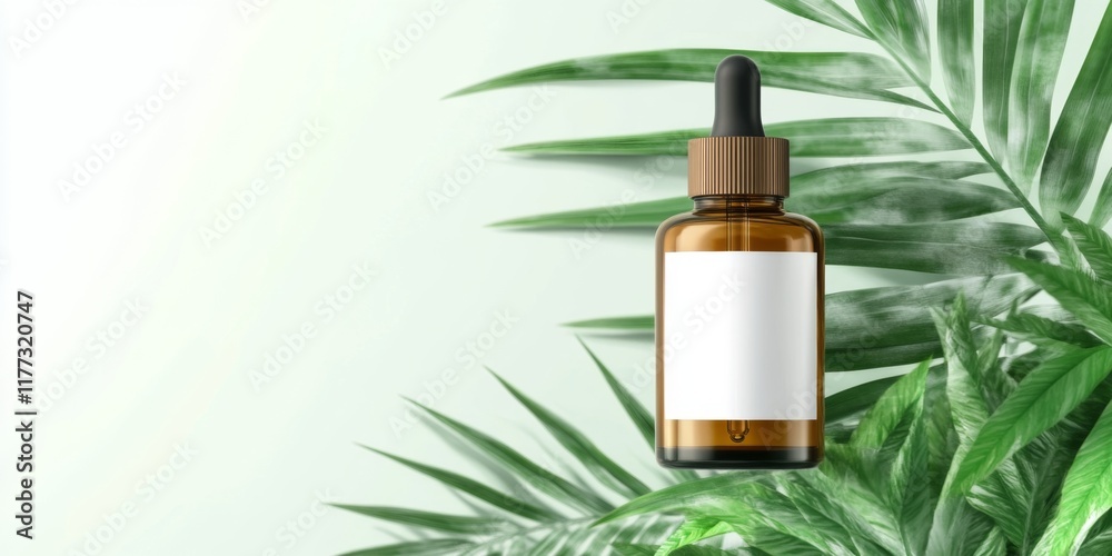 Eco-friendly cosmetic bottle with blank label on white background, hyperrealistic modern brown glass dropper isolated on light green palm leaves Eco-friendly cosmetic bottle with blank label on white background, hyperrealistic modern brown glass dropper isolated on light green palm leaves