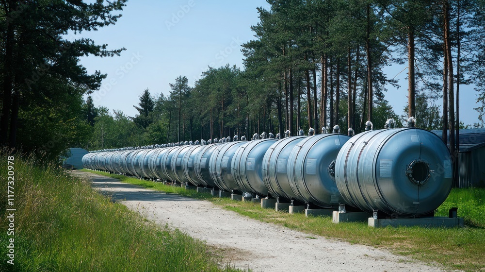 A row of cylindrical storage tanks in a forested area, likely for industrial use. A row of cylindrical storage tanks in a forested area, likely for industrial use.