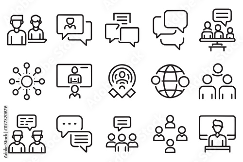 Communication, talking, discussion, speech bubble, team related editable stroke outline icon set flat vector illustration.
