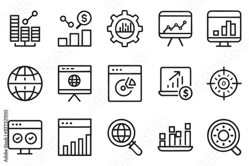  Digital marketing, data analysis, management related editable stroke outline icon set flat vector illustration