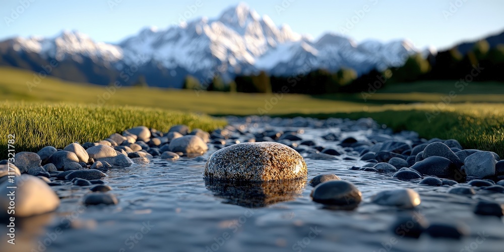 Serene Stream with Pebbles in Landscaped Valley Surrounded by Majestic Snow-Capped Mountains Serene Stream with Pebbles in Landscaped Valley Surrounded by Majestic Snow-Capped Mountains