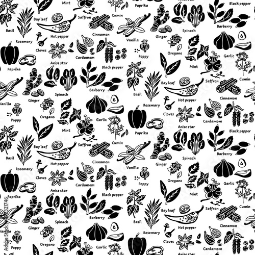 a pattern with herbs and spices in the form of black silhouettes, a whole and pieces with a name on a white. A variety of herbs, seeds, vegetables for different taste preferences. Kitchen texture