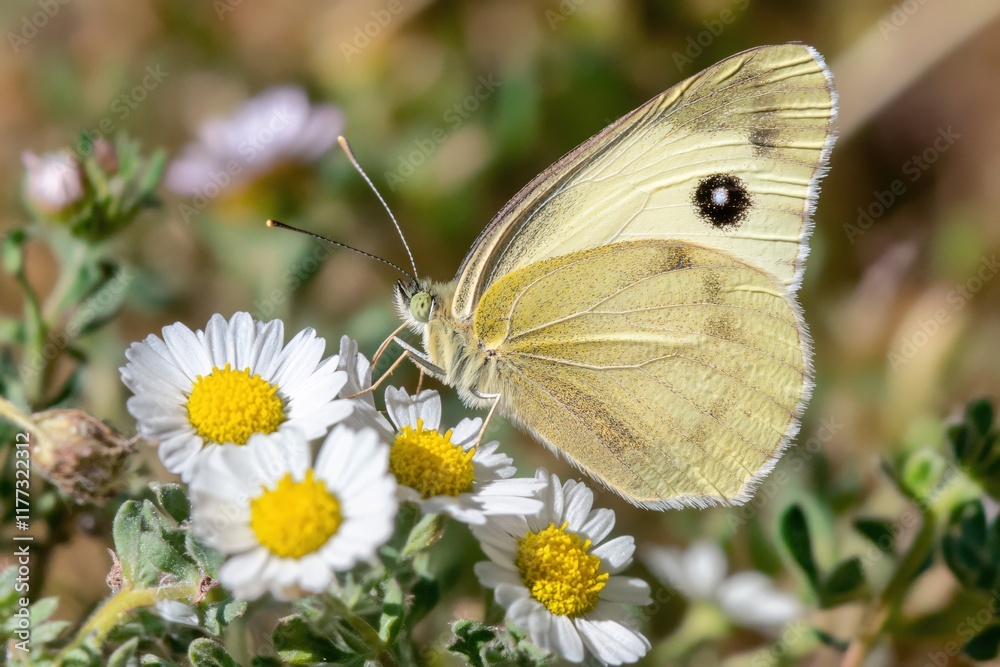 White Butterfly Resting on White Flowers with Yellow Centers in Nature White Butterfly Resting on White Flowers with Yellow Centers in Nature