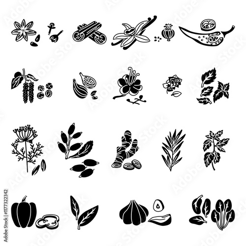 A collection of herbs and spices in the form of black silhouettes, whole and in pieces on a white background. A variety of herbs, seeds, vegetables for different taste preferences. Lots of pieces