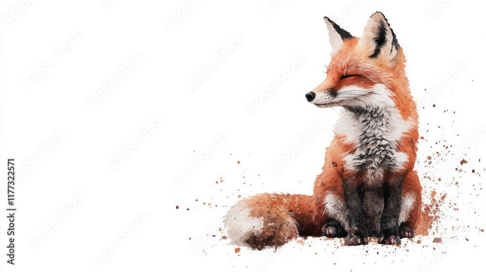 Fototapeta premium Watercolor fox wildlife animal portrait with orange fur and fluffy tail sitting in artistic splatter style painting with beautiful nature illustration