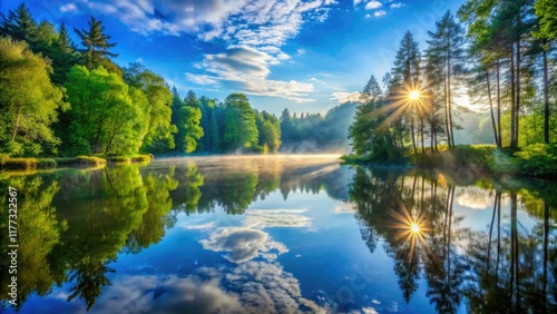 Serene landscape: a peaceful forest lake mirrors a brilliant blue sky, defying urban proximity.