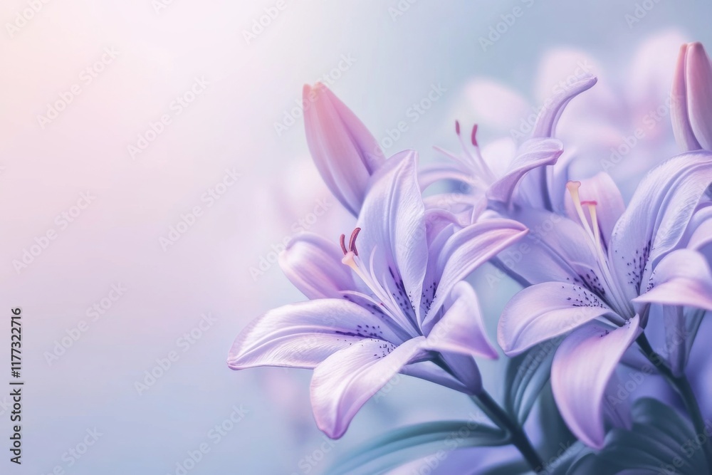 Fototapeta premium Purple lilies with delicate petals on a pure white background, high-definition detail