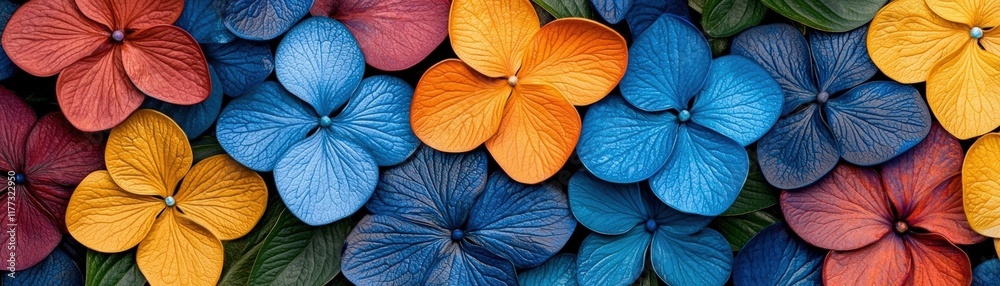 Fototapeta premium Vibrant Multi-Colored Flower Petals in Shades of Blue, Orange, Red, and Yellow on Leafy Background