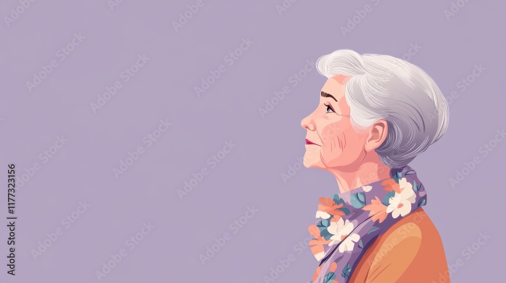 Portrait of an elderly woman with grey hair wearing a floral scarf, gazing thoughtfully into the distance against a soft purple background. Portrait of an elderly woman with grey hair wearing a floral scarf, gazing thoughtfully into the distance against a soft purple background.