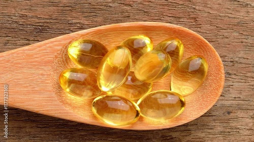 Fish oil capsules in a wooden spoon