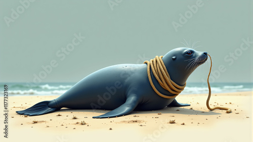 A seal resting on the beach, entangled in a rope, showcasing its sleek body and expressive eyes. photo