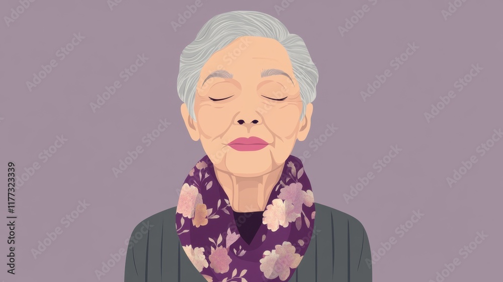 Serene Portrait of a Tranquil Elderly Woman with Closed Eyes and a Floral Scarf in Soft Pastel Colors Serene Portrait of a Tranquil Elderly Woman with Closed Eyes and a Floral Scarf in Soft Pastel Colors