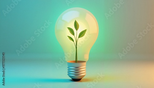 Illuminating Nature A Light Bulb with a Small Plant Growing Inside on a Serene Blue Background