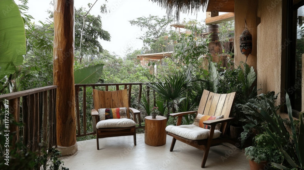 Fototapeta premium A tranquil resort balcony featuring two wooden chairs with cushions and a small wooden table, surrounded by a lush green garden.