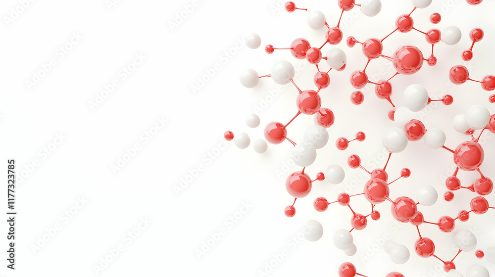 Red and white molecule structure on white background; science, research, technology concept; ideal for presentations or website banners. Red and white molecule structure on white background; science, research, technology concept; ideal for presentations or website banners.