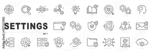 Set of settings line icons. Option, gear, cog,  setup etc. Editable stroke