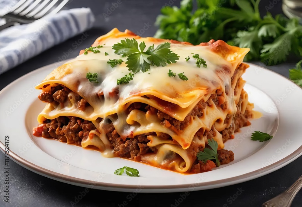 A close-up of a slice of ground beef lasagna with melted cheese and parsley on top A close-up of a slice of ground beef lasagna with melted cheese and parsley on top