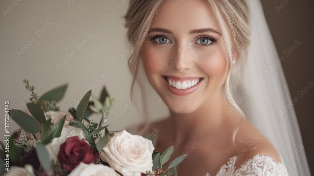 Naklejka premium Elegant Bride with Beautiful Bouquet Smiling in Soft Light, Wedding Photography Moment