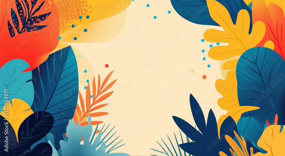 Bright And Vibrant Tropical Leaves In Yellow Blue And Orange Bright And Vibrant Tropical Leaves In Yellow Blue And Orange
