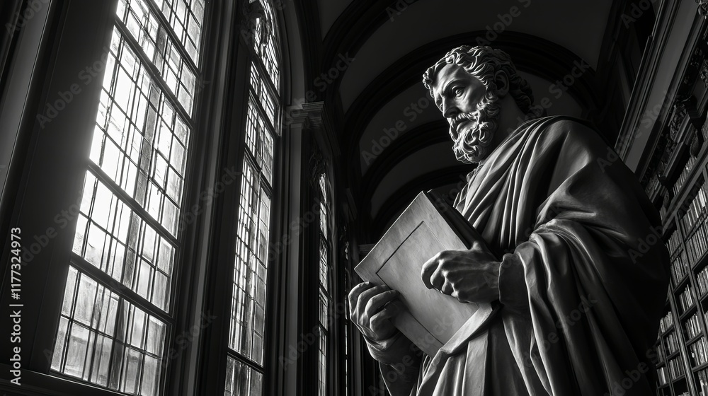Fototapeta premium A philosopher statue holding a scroll, standing in a quiet library