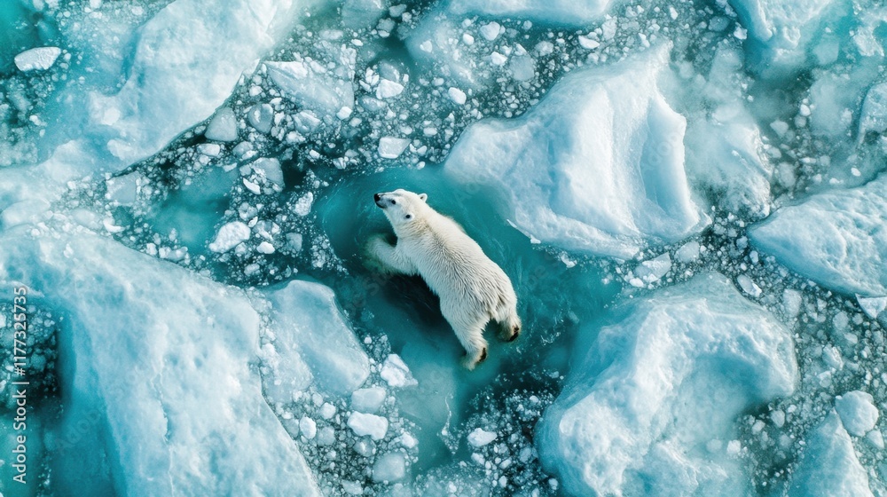 Obraz premium A solitary polar bear navigating through icy waters and floating icebergs in a vast frozen landscape showcasing nature's beauty and environmental challenges