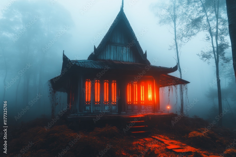 Obraz premium A haunting image of an abandoned Thai ubosot in a misty forest, with vines creeping up its walls and faint candlelight flickering inside