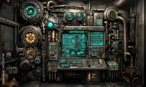 Futuristic steampunk control panel; intricate gears, pipes, glowing screens, and digital displays in a dark, industrial setting.  Perfect for sci-fi, fantasy, or technology concepts.