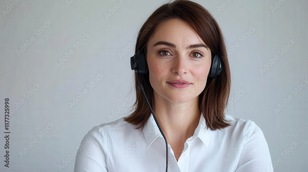woman wearing headphones in front of white background woman wearing headphones in front of white background