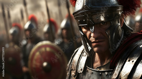 Roman legionary in segmented armor with a steely gaze, symbolizing strength and order, perfect for historical reenactment or educational materials