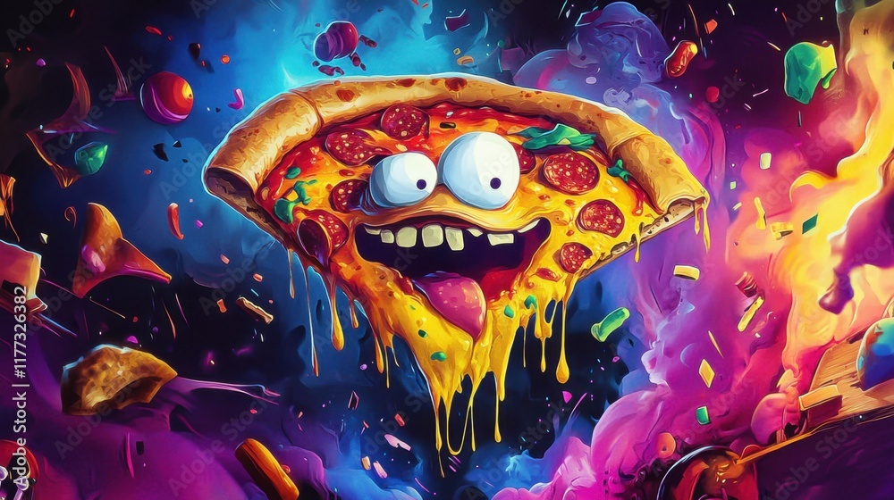 A quirky pizza character juggling its toppings, surrounded by bursts of color and energy. A quirky pizza character juggling its toppings, surrounded by bursts of color and energy.